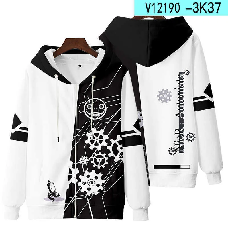 Anime NieR Automata 2B YoRHa Nr. 2 Typ B 9S 9 S Cosplay Kostüm Unisex 3D Hoodie Reißverschluss Kapuzenjacke Outwear Y0913