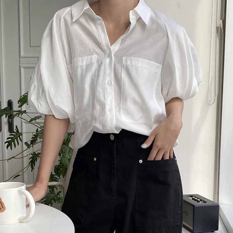 Korejpaa Women Shirt Summer Korean Chic Sweet Gentle Cream Blue Lapel Single-Breasted Loose Two-Pocket Puff Sleeve Blouses 210526