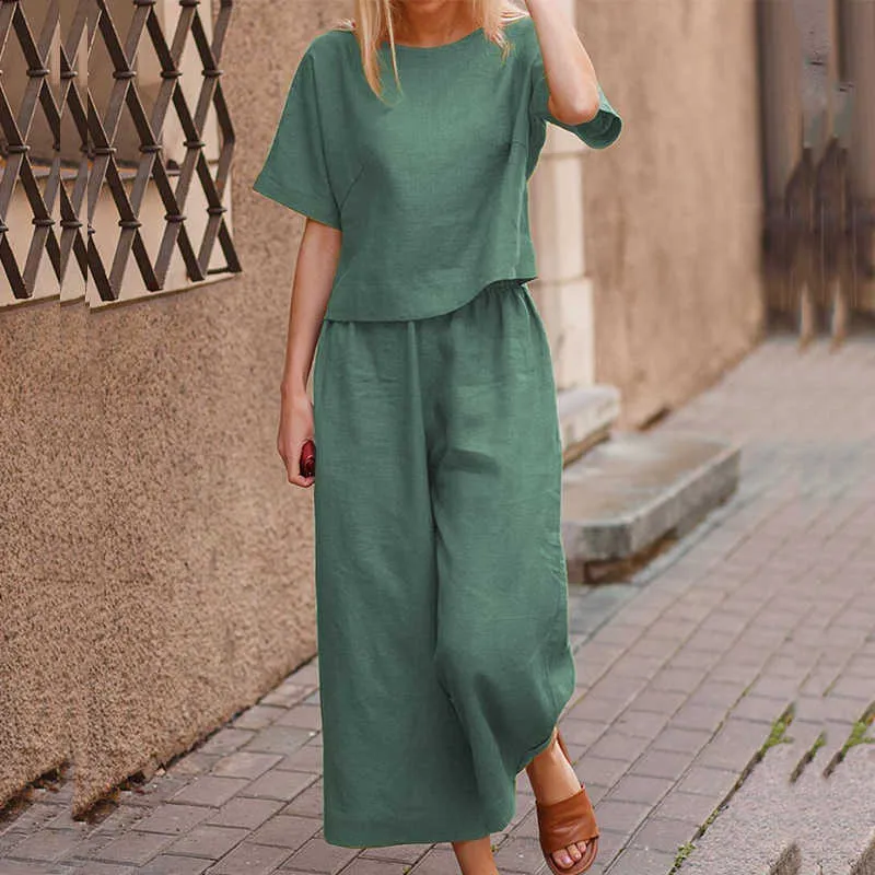 Autumn Office Lady Elegant Long Sleeve Outfit Women Solid Cotton Linen Two Piece Sets Casual O Neck Tops + Wide Leg Pants Suits 210819