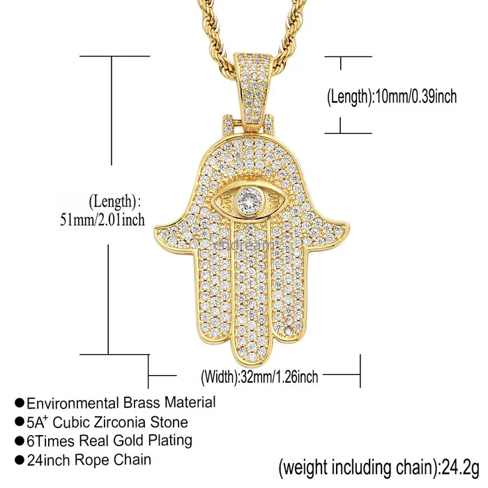 Diamond Fatima Eye Hand Necklace Jewelry Set Bling Cubic Zirconia Hip Hop 18K Gold Pendant Halsband Kvinnor Män rostfritt stål Cha199q