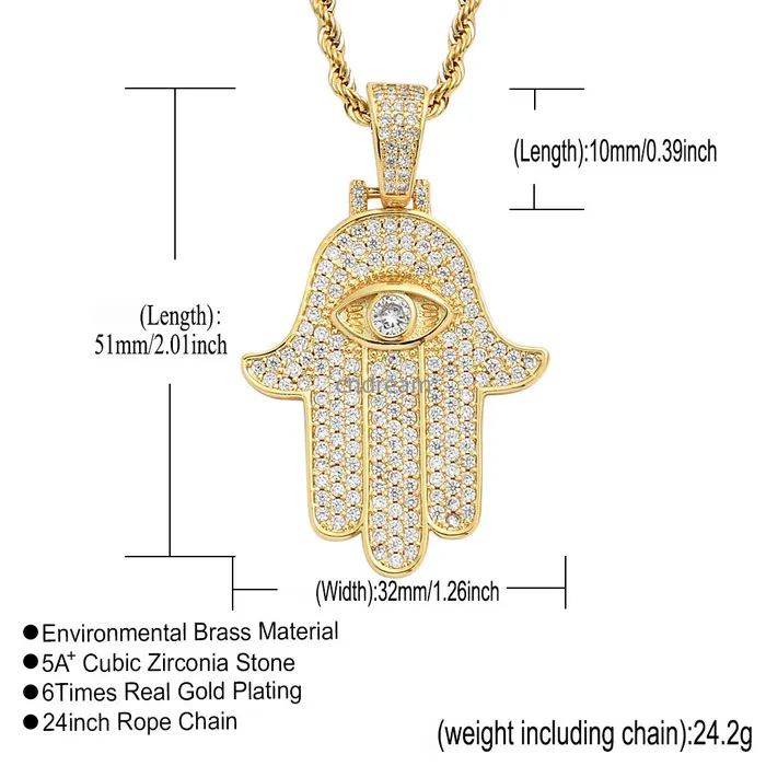 Diamond Fatima Eye Ręczka Naszyjnik Zestaw biżuterii Bling Cubic Zirkonia Hip Hop 18k Złote Wisiant Naszyjniki Kobiety mężczyźni stal nierdzewna Cha289m