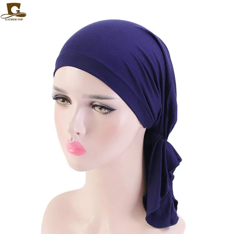 Beanie Skull Caps Muslim Bamboo Cotton Pre-Tied Scarf Chemo Bonnet Women Turban Hat Headwear Headscarf Wrap Cancer Bandanas Hair A302j