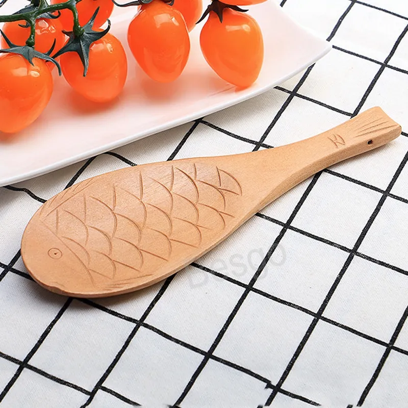 Wooden Fish Shape Soup Spoon With Pattern Soups Spoons Thickened Rice Scoop Hotel Dining Room Cooking Scoops Kitchen Tool BH6202 TYJ