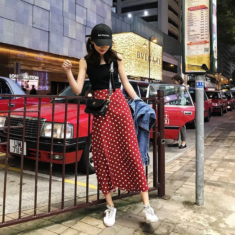 Frauen Sommer Plus Größe S-3XL Rock Koreanische Vintage Polka Dot Schlank Hohe Taille Eine Linie Midi Weibliche Schwarz Weiß Rot Streetwear 210708