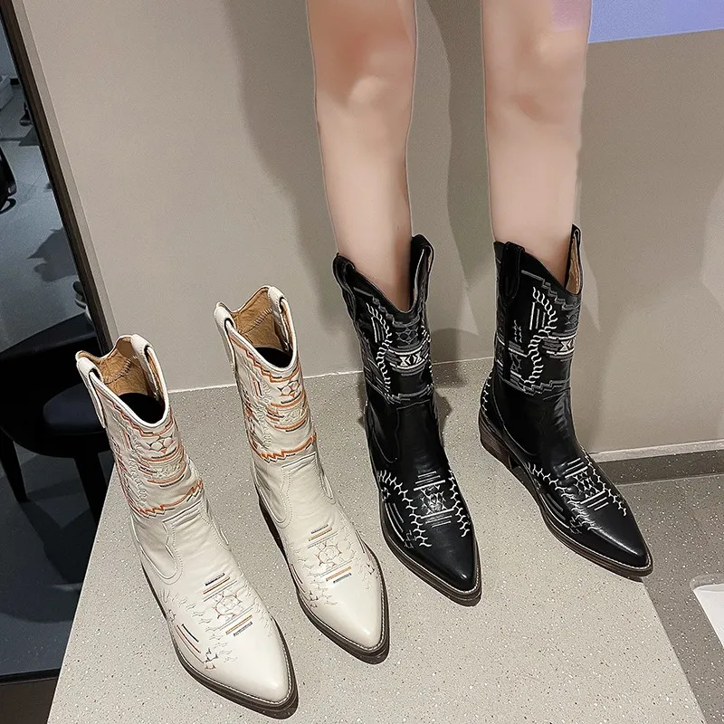 2022 New Embroidered Western Cowboy Boots for Women Low Heels Pointed Toe High Quality Mid Boot Women's Shoes