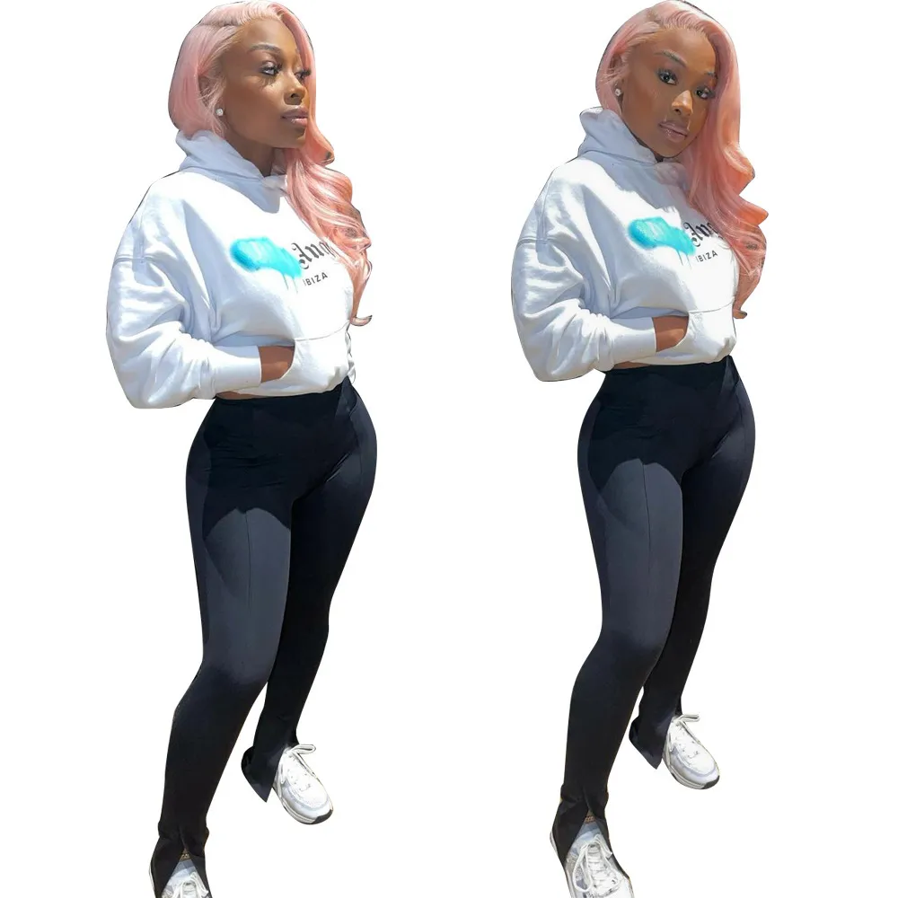 SPORT SPORT POUR FEMMES DEUX TENUE TENUE TOUTES PULS DE PULS DE MANCHES IMPRIMÉES Sweat Sweat-shirt Blanc Top noir Jogging Leggings Pantalons 210525