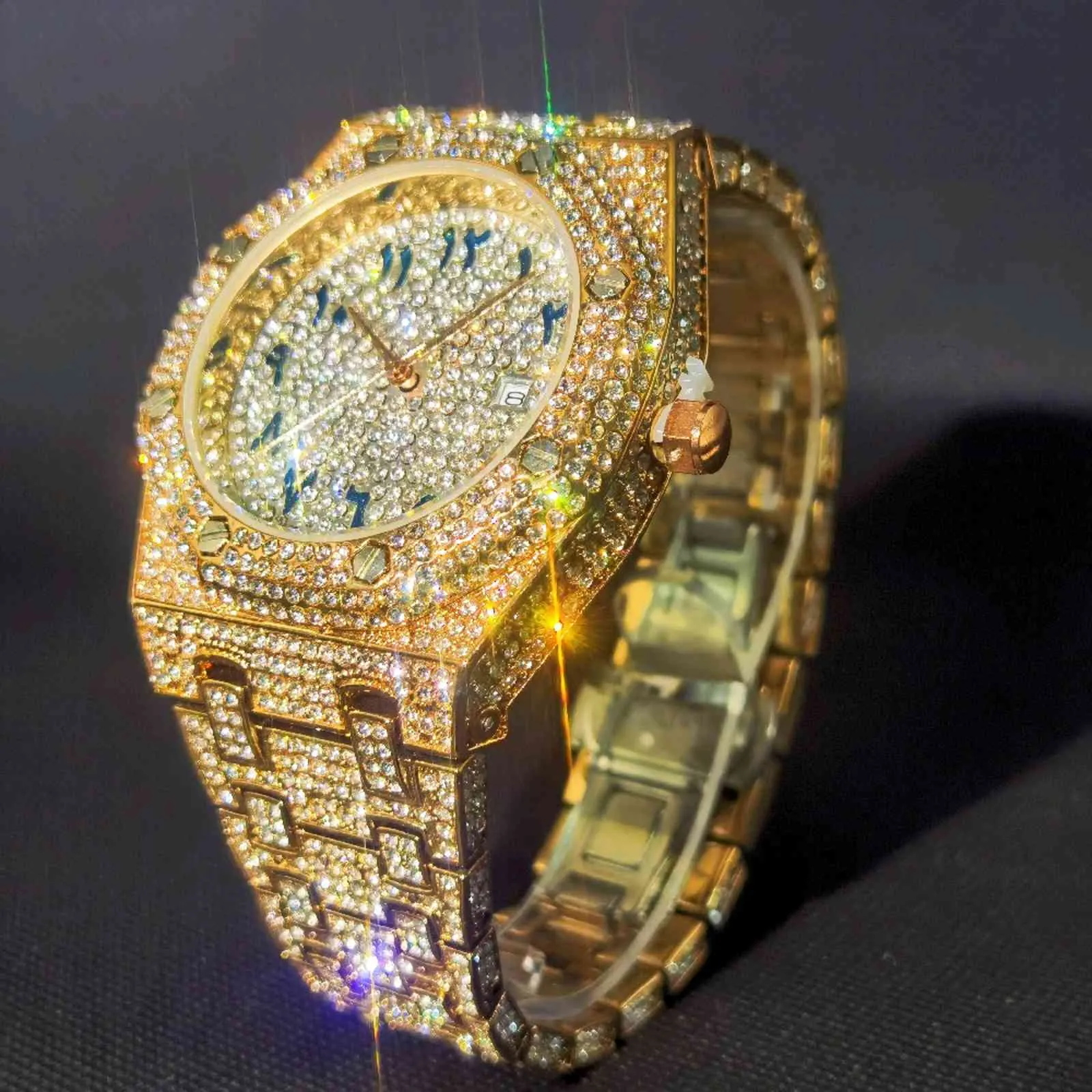 MISSFOX cyfry arabskie męskie zegarki różowe złoto kwarcowy pełny diament luksusowy zegarek na rękę mężczyźni Rel￳gio Masculino Hiphop ze stali nierdzewnej
