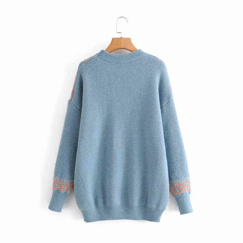 Evfer Women Cute Cartoon Fawn Knitted Blue Autumn Pullover Tops Female Fashion Ugly Loose Sweaters Gilr Casual Jacquard Knitwear Y1110