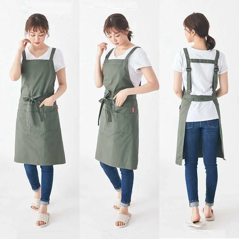 High Quality 100% Cotton Kitchen Chef Apron With Pocket Women Bib For Cooking Baking Crafting Work Shop BBQ 210625