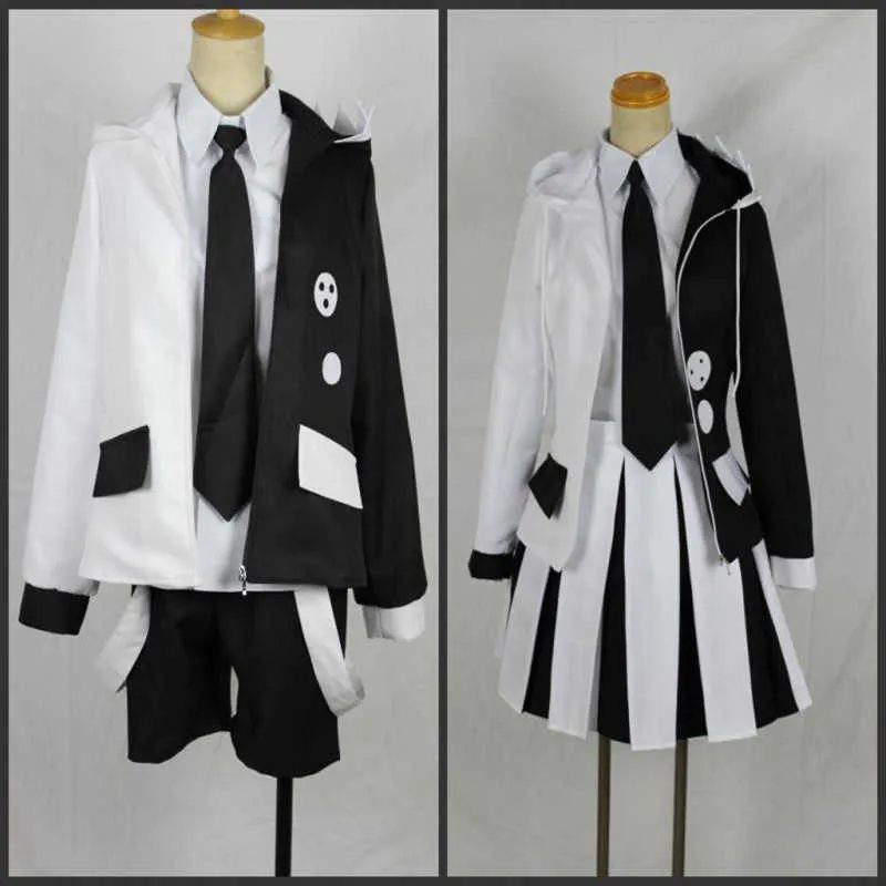 Anime Danganronpa V3: Killing Harmony Cosplay Monokuma de alta calidad Traje unisex abrigo + camisa + corbata + falda o pantalones + calcetines Y0913