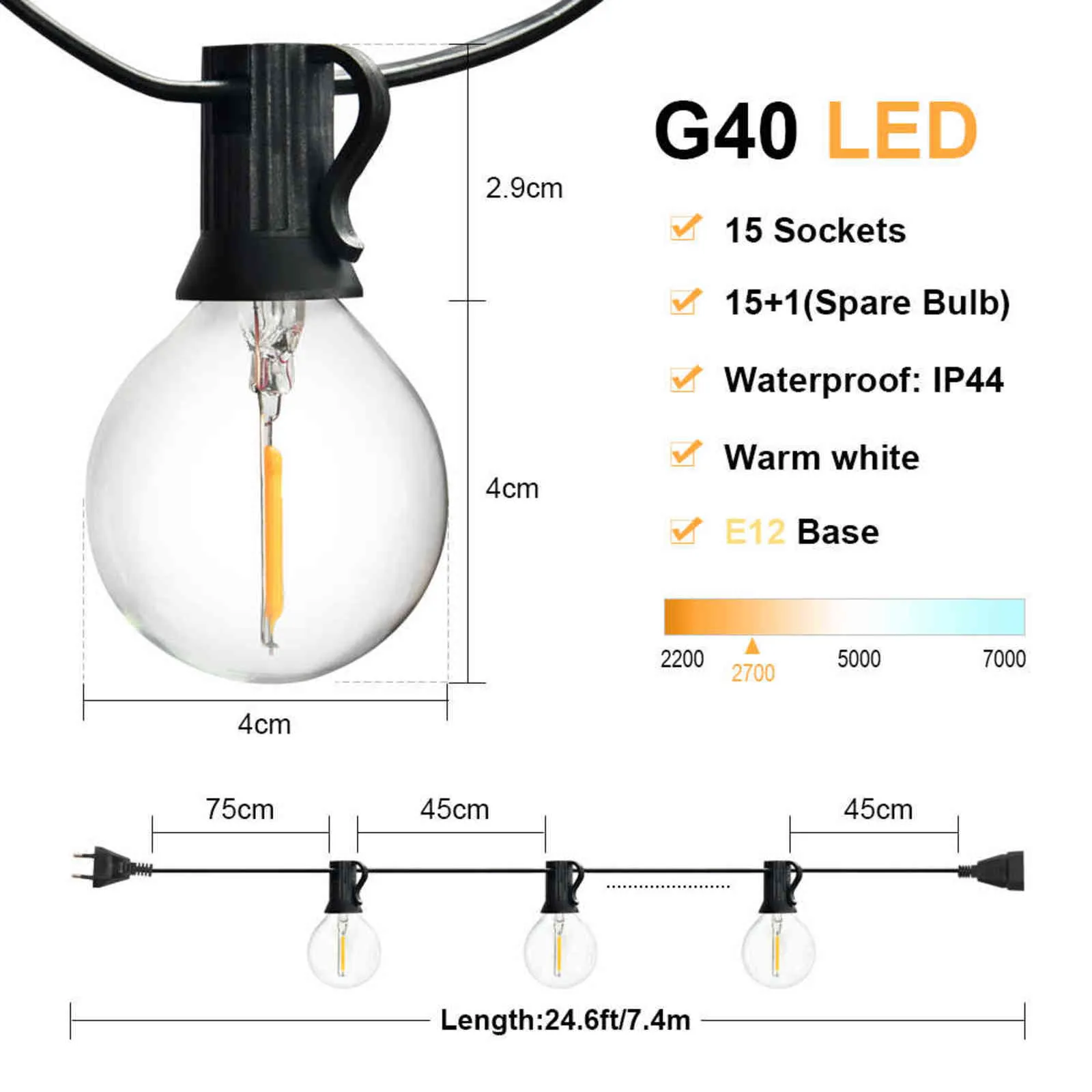 24.6FT String Lights Outdoor Waterdichte LED-lampen 15 + 1 voor Festoon Lamp Bruiloft String Light Garden Party Decor 2111104