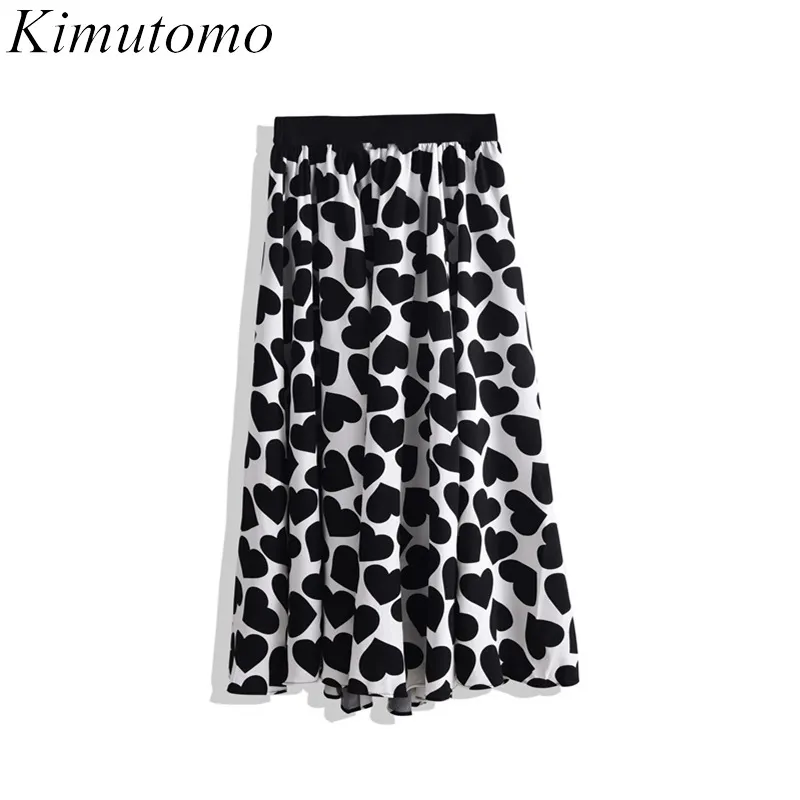 キムトモ女性のスカート春秋韓国ファッション女性のハート印刷弾性ハイウエストAラインスカートアウトウェアカジュアル210521