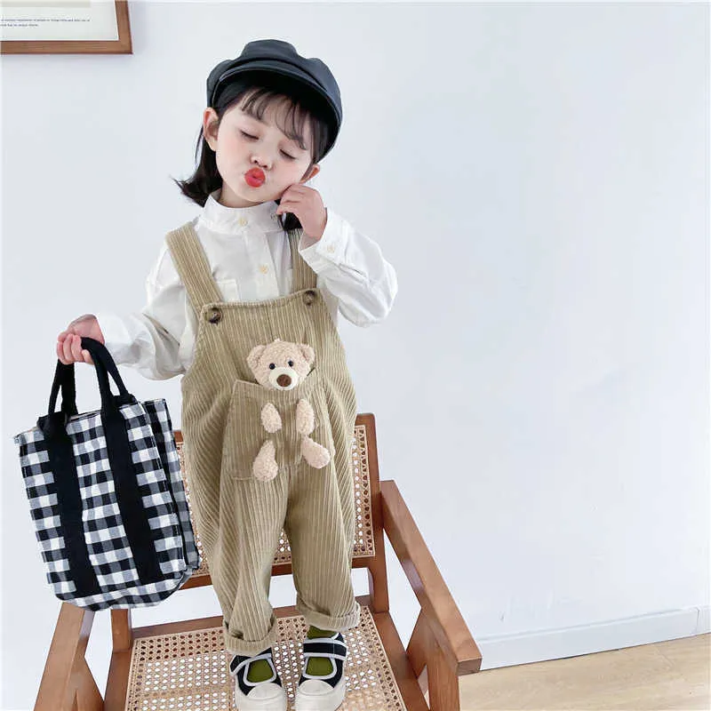 Toptan Bahar Bebek Kız 2-ADET Setleri Uzun Kollu Toprak Renk Gömlek + Kadife Ayı Tulum Çocuk Giysileri E7036 210610