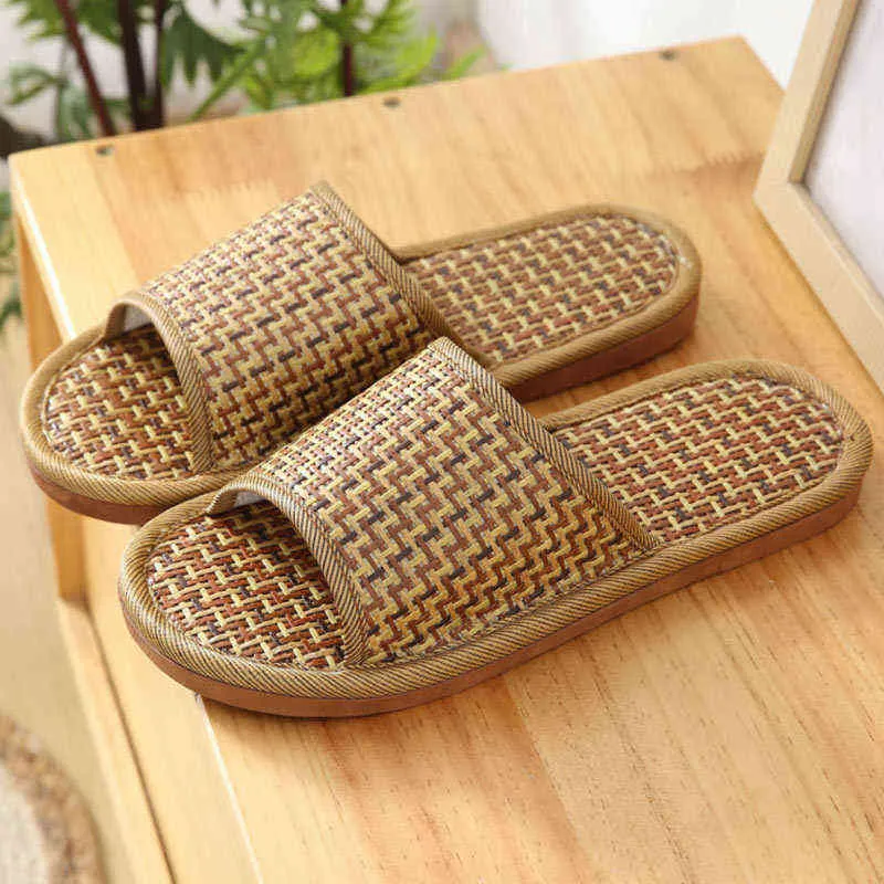 Straw-bambu sandaler och tofflor för kvinnliga par att använda inom inomhus och hem fritid, slitstarka slitstarkt svettabsorberande Y220214