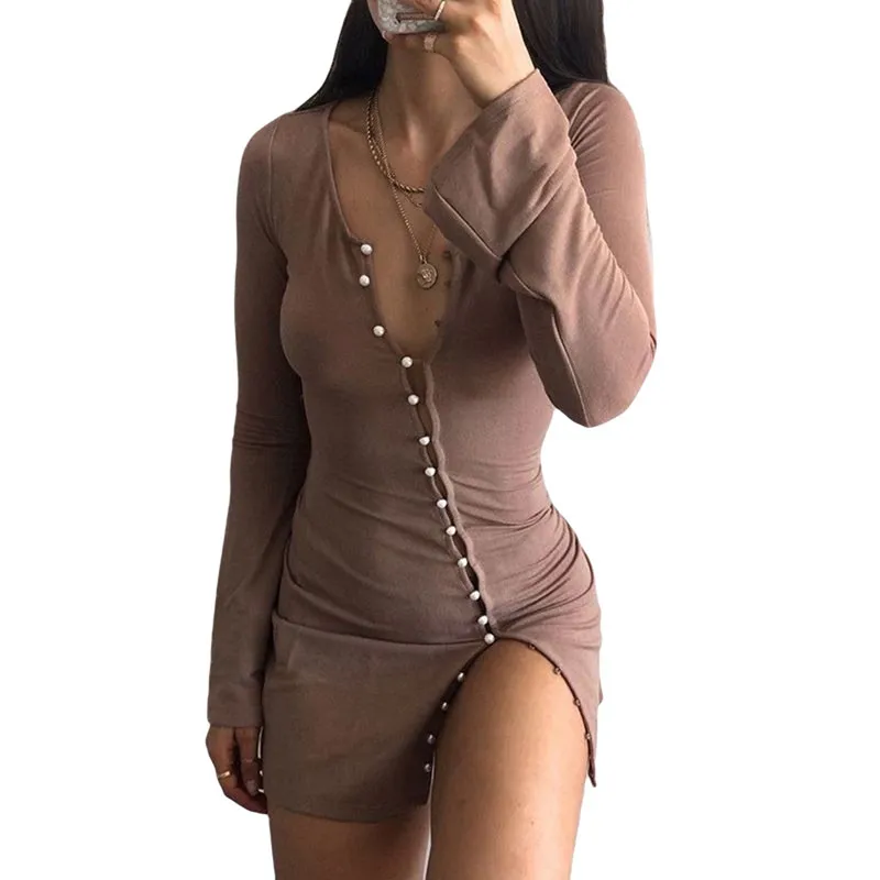 Kadınlar Elbise Inci Dekore Büyük Açık V Yaka Düşük Kesim Göğüs Katı Renk Kılıf Moda Giysileri 210522