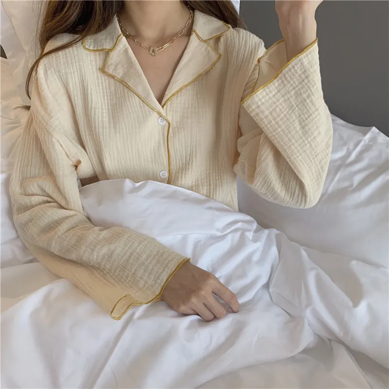 세련된 Femme 빈티지 달콤한 캐주얼 소프트 컬러 히트 잠옷 세련된 여성 느슨한 홈웨어 코튼 잠옷 210525 세트