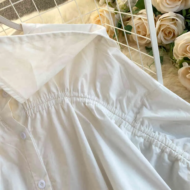 Camicia allentata coreana primavera camicetta design donna nicchia coulisse pieghettata manica a sbuffo grande colletto rovesciato top ML768 210506
