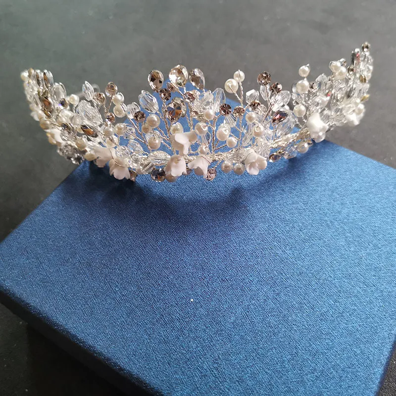 SLBRIDAL fait à la main luxe cristal strass perles en céramique fleur diadème de mariée mariage princesse fête couronne femmes bijoux de cheveux