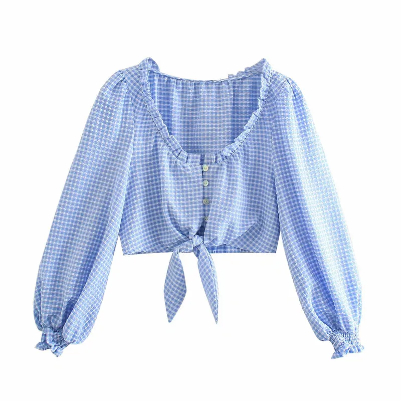 Zoete vrouwen o hals boog kant blouse zomer mode dames hoge straat schattig shirt vrouwelijke blauwe plaid korte top 210515