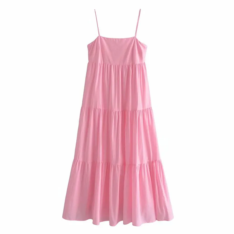 Vuwwyv Summer Dress Pink Slip Backless Maxi es Kvinnor Elegant Pläterad Kväll Party Kvinna Bomull Retro Vestido 210430