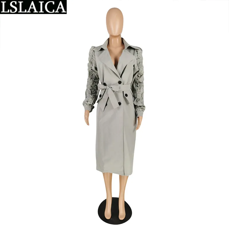 Kvinnor Kläder Casual Fashion Ankomst Solid Färgknapp Lång Trench Coat Now-down Collar Sleeve Eleganta Coats 210520