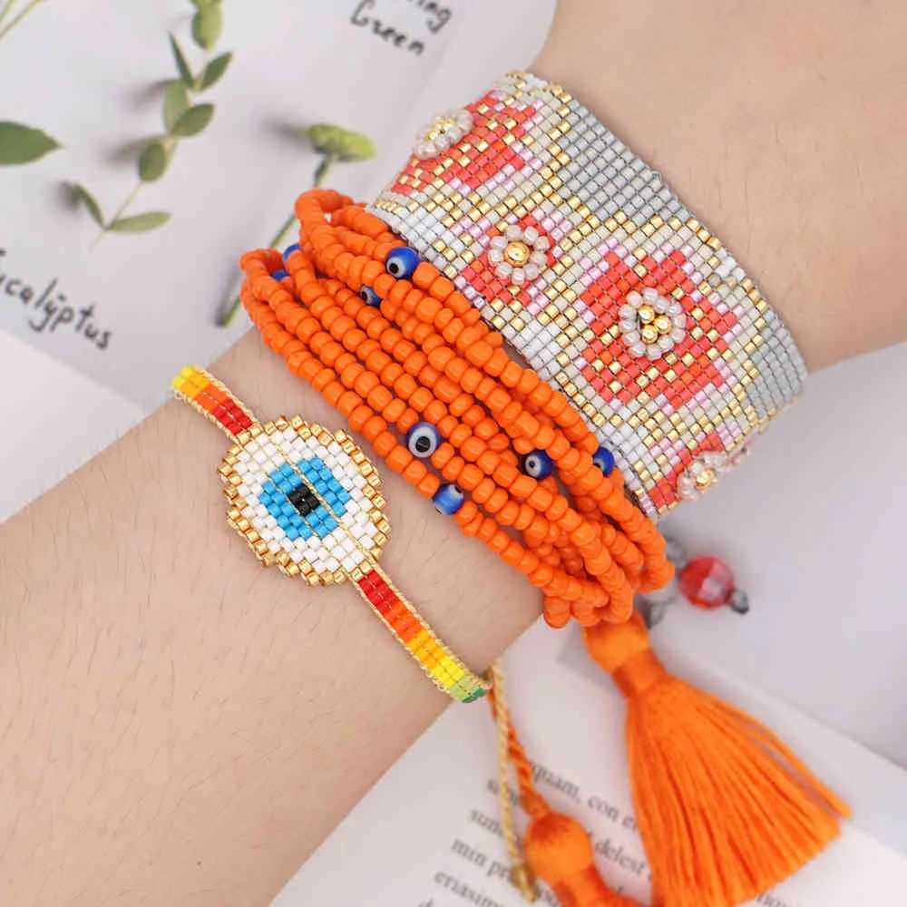 Mauvais œil charme pour femmes hommes turc Miyuki bijoux verre perlé Bracelet fleur motif Pulseras Femme cadeau fait main
