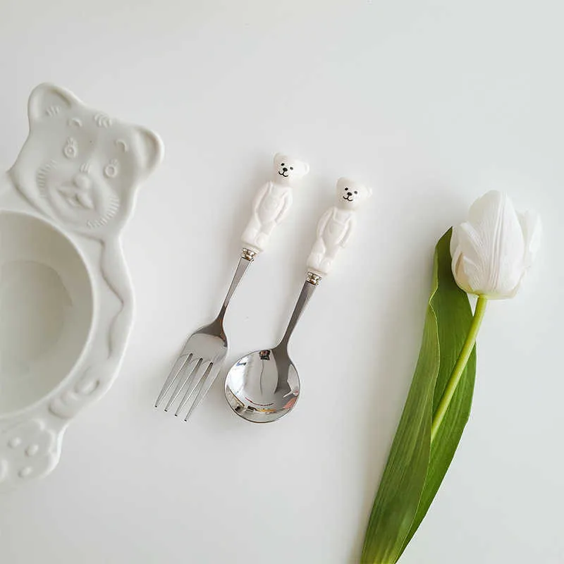 Koreansk färg söt björnsked gaffel gabbor sked dessert sked gaffel gaffel y07023912905