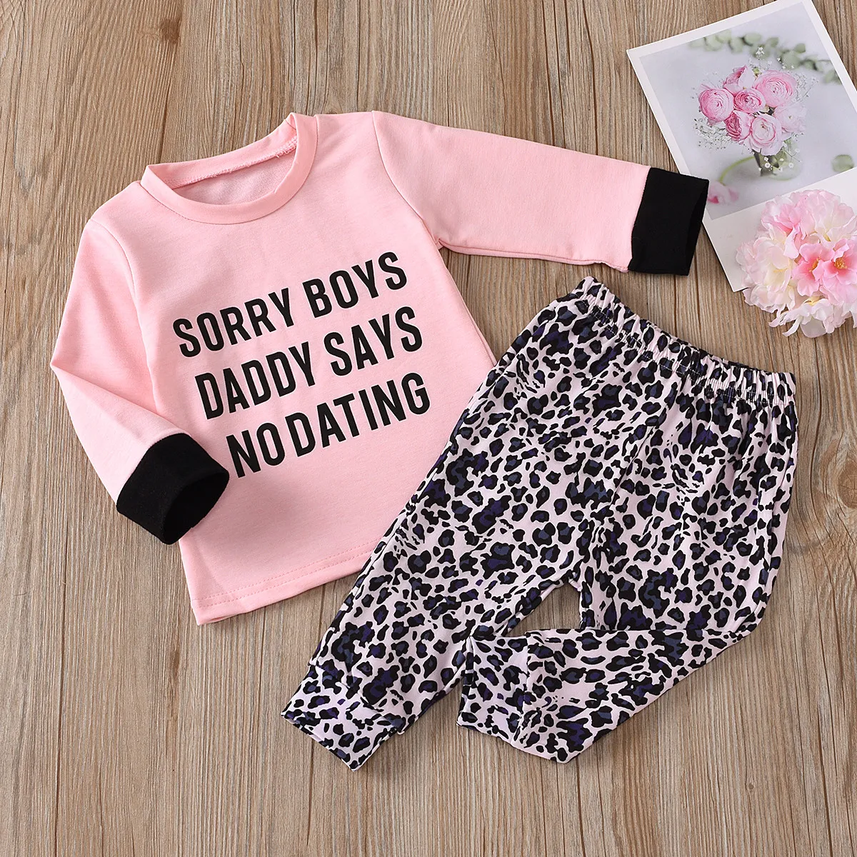 1-4Y herfst geboren baby babymeisje luipaard kleding set outfits brief lange mouw t-shirt broek kostuums 210515