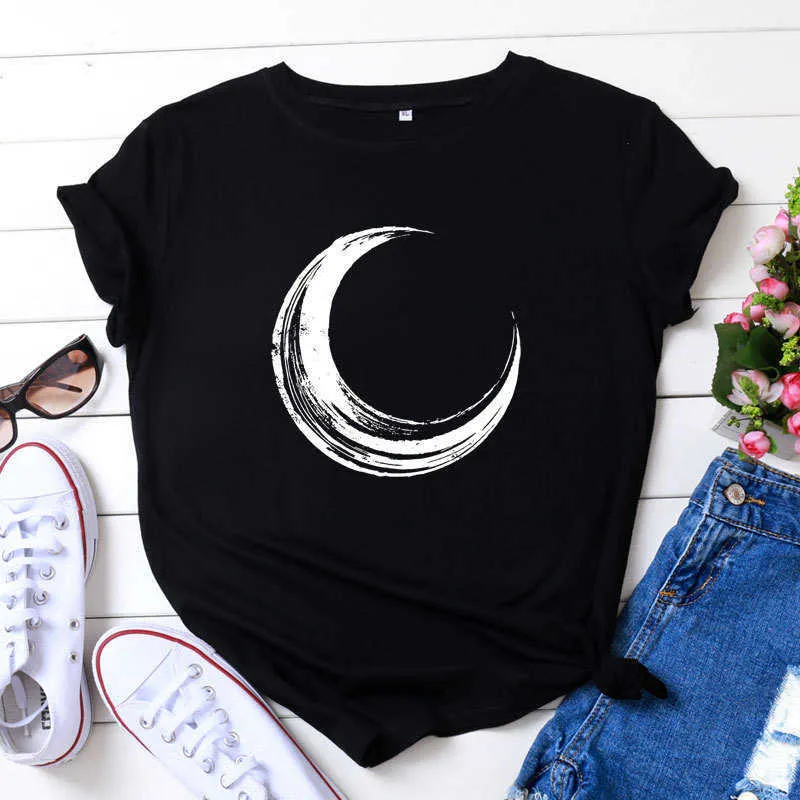 JCGO Summer T Shirt Women 100% Cotton Moon Planet Space Print Plus Size S-5XL O-Neck Short Sleeve Fashion Casual Tee Tops 210702