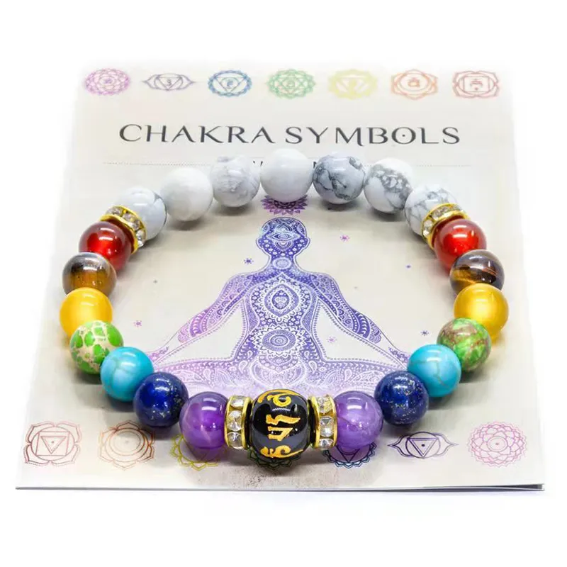7 Chakra Bracelet avec Signification Cardfor Hommes Femmes Cristal Naturel Guérison Anxiété Bijoux Mandala Yoga Méditation Bracelets Cadeau