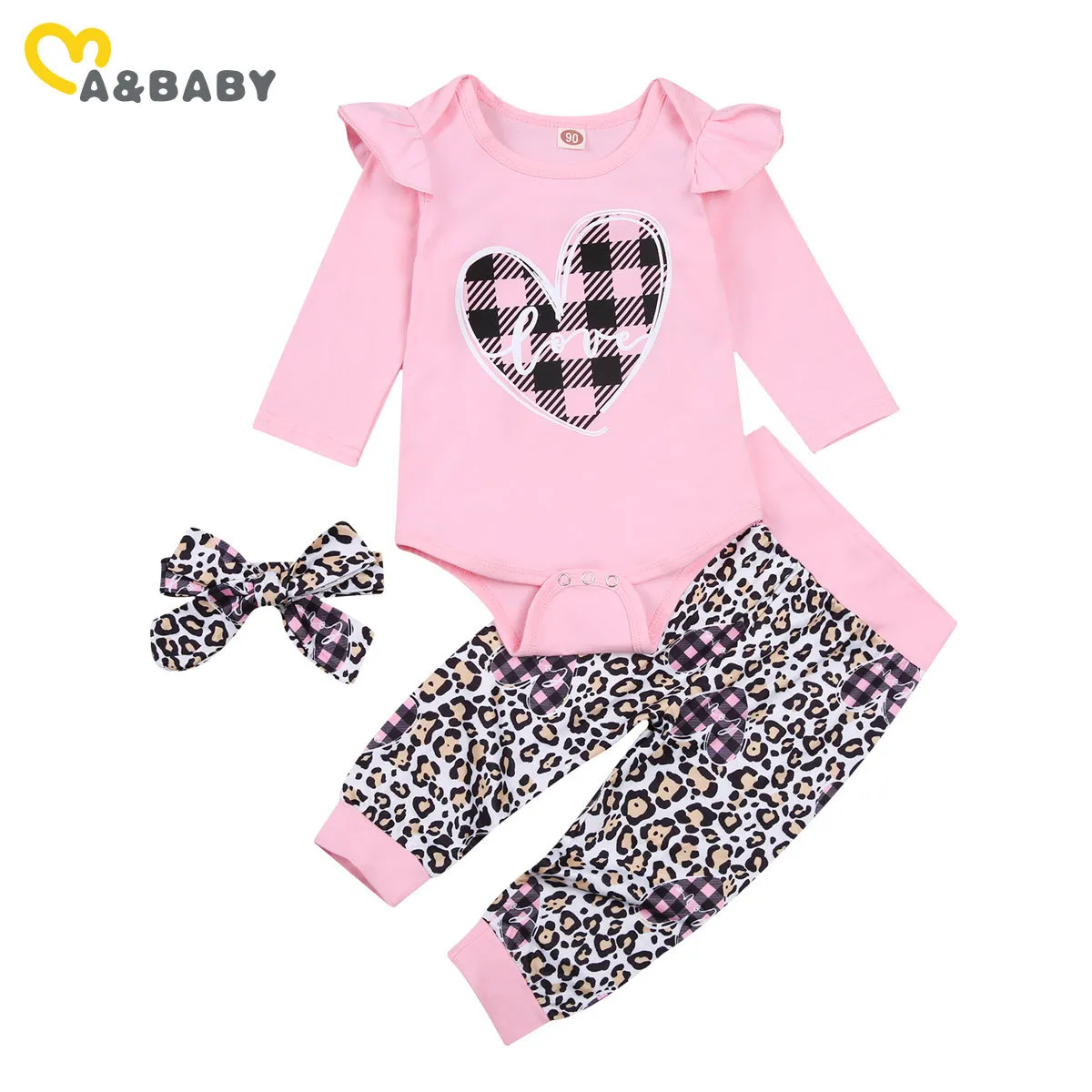 3-24M Valentinstag Leopard geboren Säugling Baby Mädchen Kleidung Set Herz Print Strampler Hosen Frühling Outfits 210515