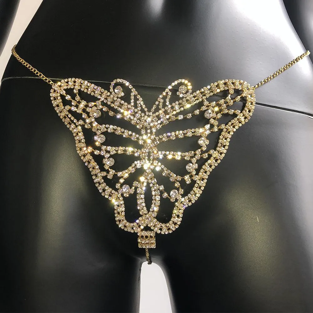 Stonefans Sexy Vrouw Vlinder Slipje Ondergoed Bling Crystal Rhinestone Bikini Thong Taille Buik Keten Lichaam Jewelry191r