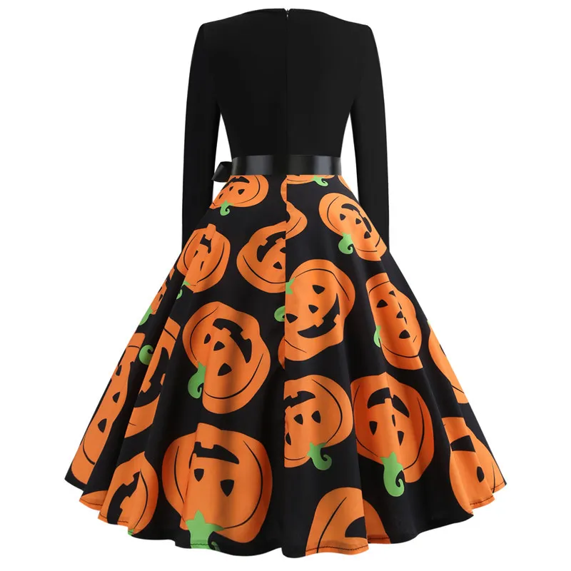 Robes de design de mode Halloween Robe décontractée à manches longues imprimées avec ceinture