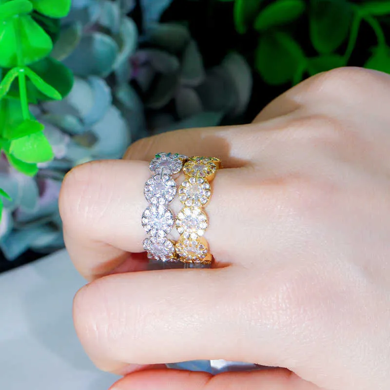 Designer Yellow Gold and Silver Color Round Cubic Zirconia Engagement Wedding Ring for Women Party Jewelry R160 210714