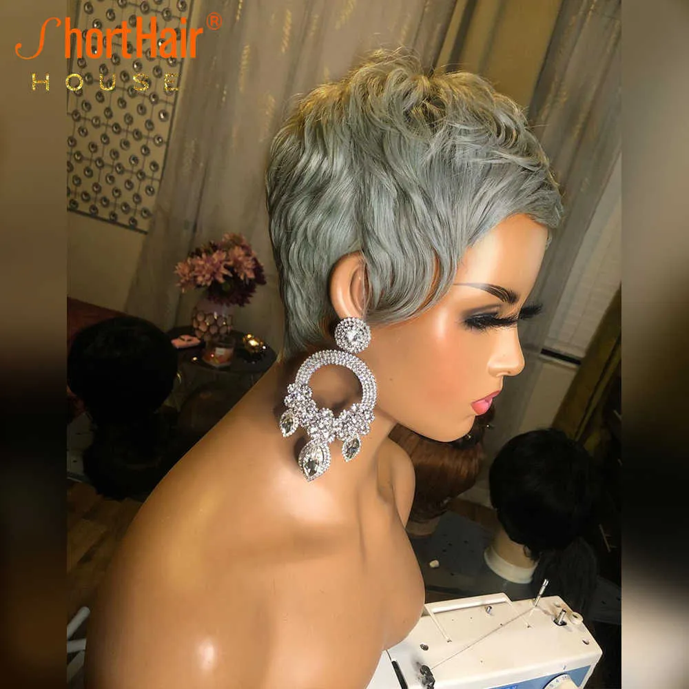 Silver Grey Pixie Short Cut Bob Wig 100% Human Hair Wigs For Women Jewelry Blue Wave Wavy Wigs Full Machine No Lace Front Wigs S0826