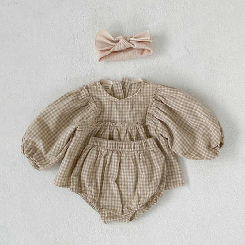 Bärenführer Herbst Säugling Baby Casual Kleidung Mode Plaid Kleinkind Mädchen Jungen Kleidung Set Koreanische Stil Outfits Für 0-2 Jahre 210708