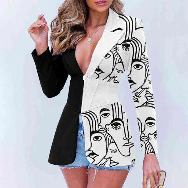 Office Lady Vintage Abstract Printing Blazer Cappotto Autunno Colletto rovesciato Patchwork Capispalla invernale Manica lunga Slim Top donna 211122