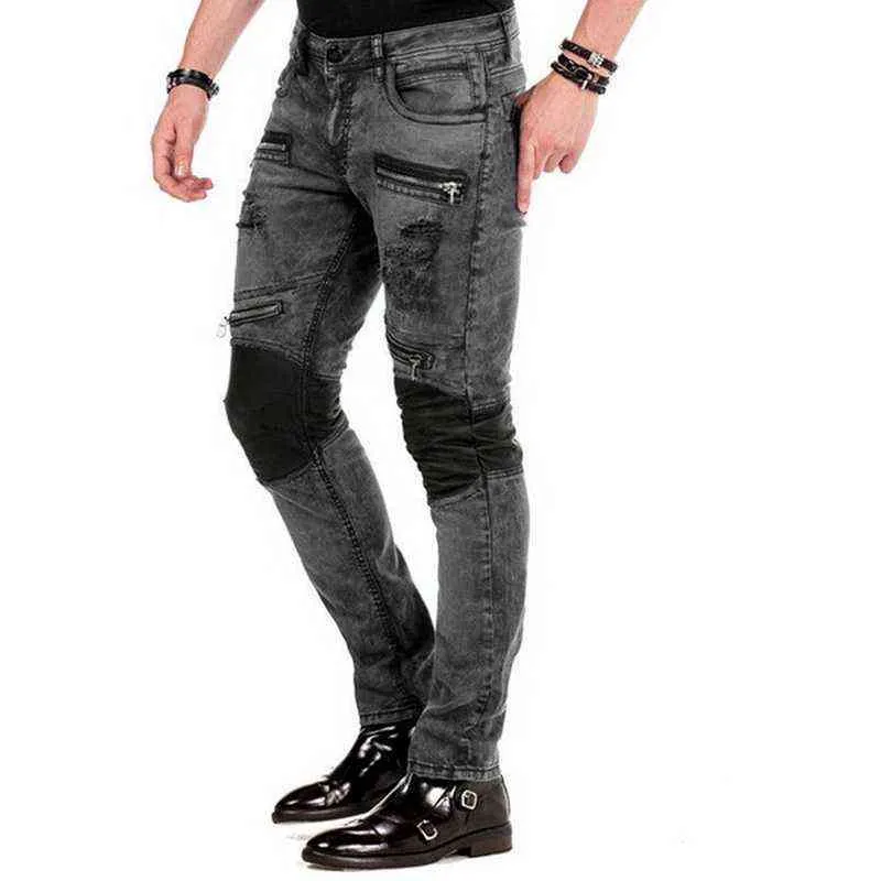 Homens jeans Stretchy Magro Falso Zíperes Destrua Patchwork Calças de Jeans Gótico Moda Denim Calças Casuais Streetwear Biker Jeans 211103