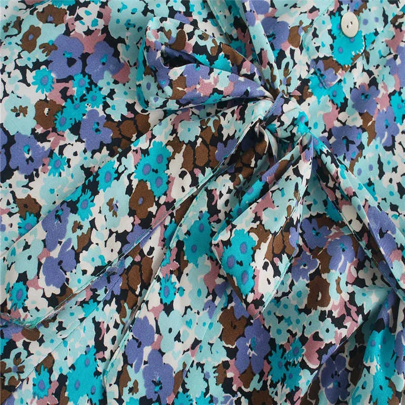 Verão Za Floral Impressão Curta Jumpsuit Mulheres Moda Bolsos Lado Bilhete Azul Playsuits Mulher Botão Up Vintage Jumpsuit 210602