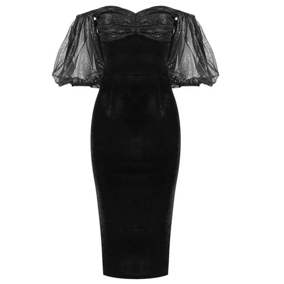 Women'S Black Dress Sexy Off-Shoulder Sparkling Tulle Stitching Design Puff Sleeve Celebrity Party Velvet Vestido 210527
