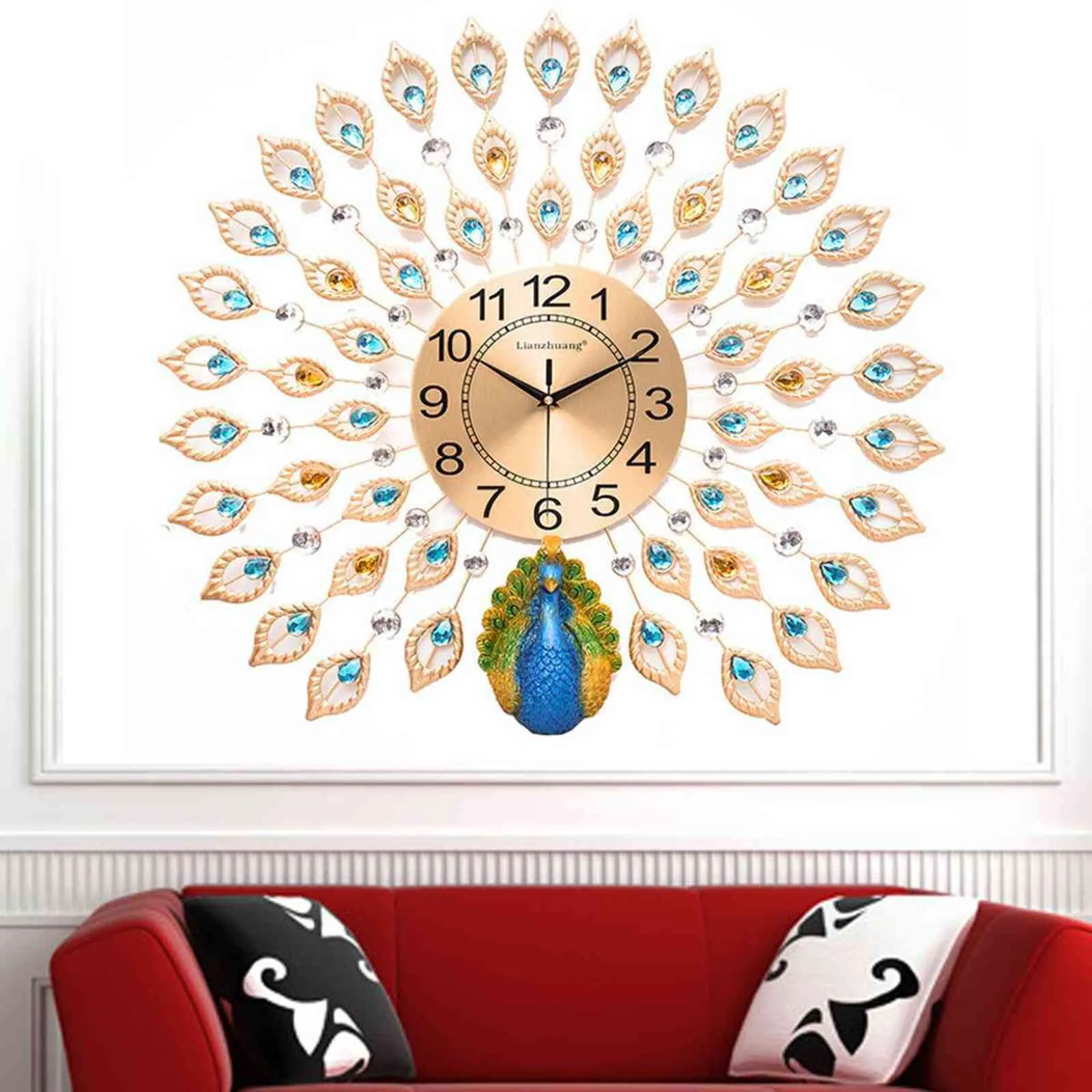 Grand 3D Diamant Cristal Quartz Paon Horloges Murales Design Moderne Européen pour La Maison Salon Décor Chambre Silencieux Horloge Murale 211110