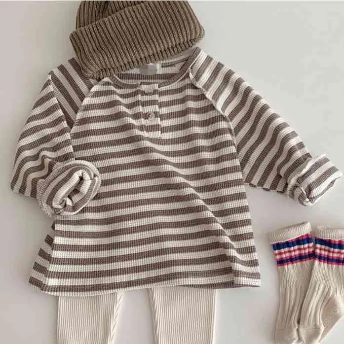 Sonbahar Bebek Erkek Waffle Uzun Kollu Çizgili T Shirt Bebek Çocuklar Pamuk Raglan Tops 210508