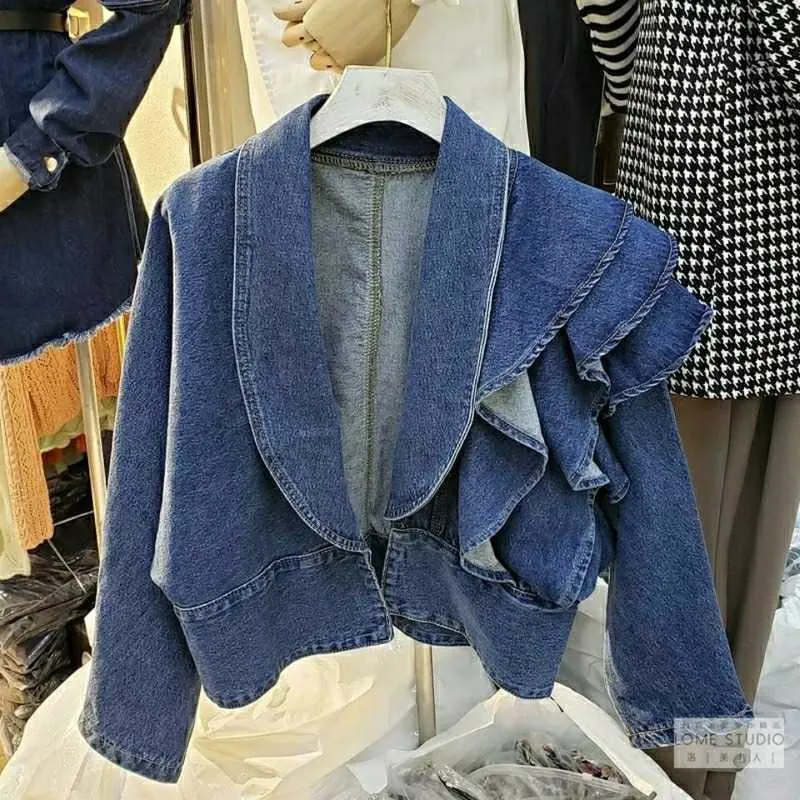 OCEANLOVE Frau Jacken Denim Rüschen Solide Frühling Herbst Kurze Mujer Chaqueta V-ausschnitt Koreanische Vintage Outwear Tops 210914