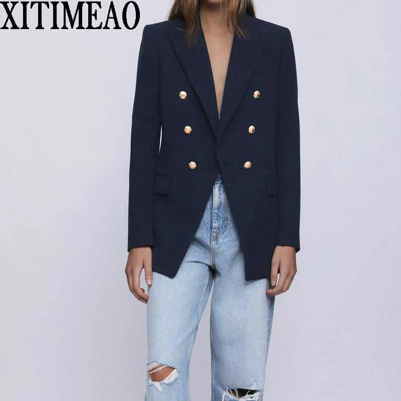 ZA Women Fashion With Metal Buttons Blazers Coat Vintage Long Sleeve Back Vents Female Outerwear Chic Tops 210602