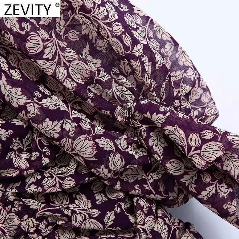 Zevity Spring女性クロスVネックフラワープリントプリーツミニドレス女性裾フリルスリムキモノvestidosシックな服DS4859 210603