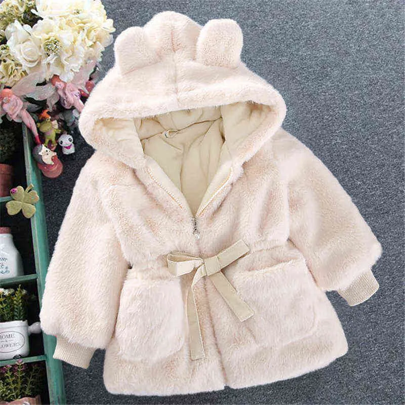 아기 소녀 옷 겨울 따뜻한 모피 코트 양모 스웨터 패딩 재킷 큰 귀 두껍게 퀼트 코튼 아기 211027