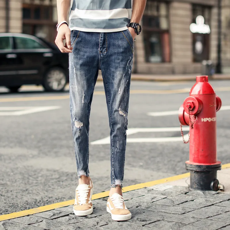 Men's Summer Jeans Men's Fashion Casual Slim Denim Trousers Solid Color Hole Denim Ankle Length Pants 210318