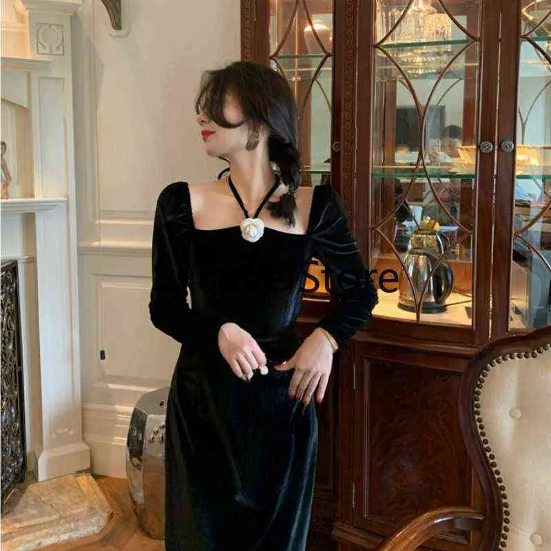 Robe noire en velours pour femmes, manches longues, Vintage, mi-longue, décontractée, élégante, une pièce, design de mode coréen, hiver 2021, Y1204