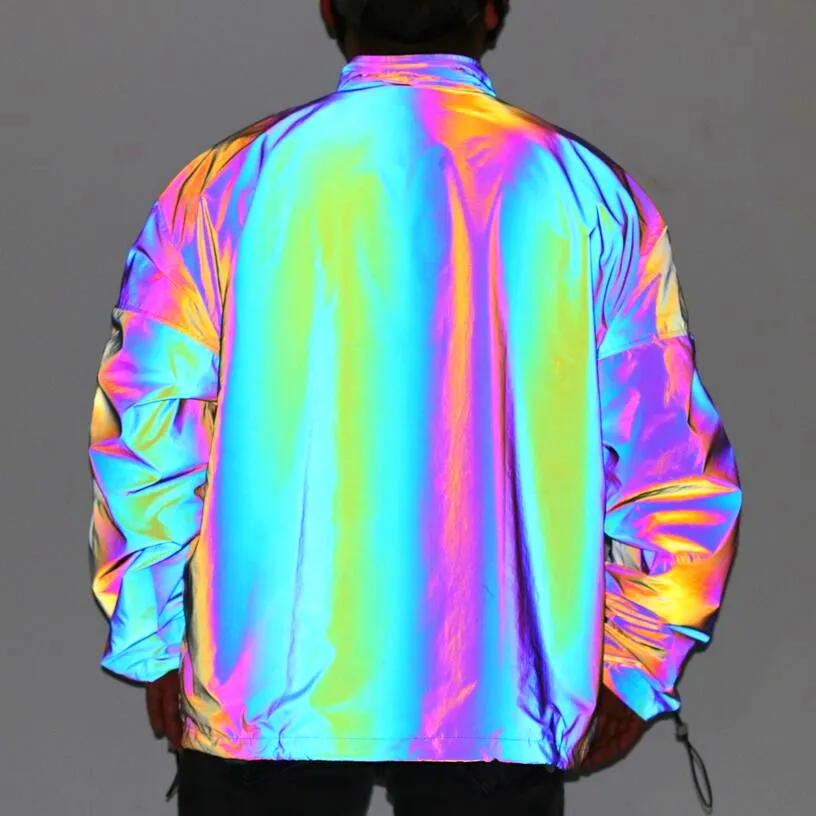 Regnbåge reflekterande jackor män nattklubb hip hop jacket mens hajuku stil japanska streetwear överdimensionerade windbreaker coats 210524