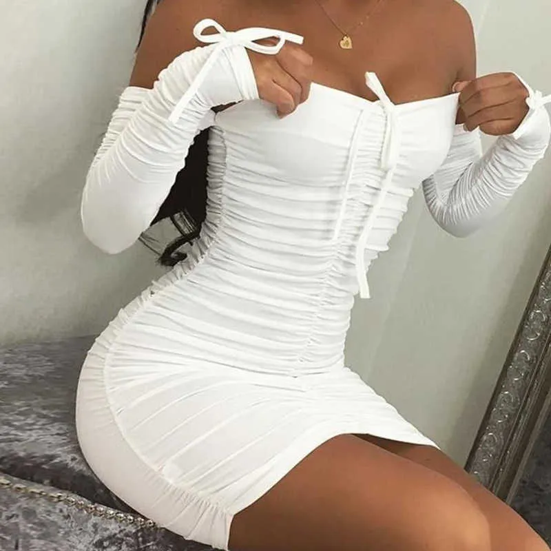 2021 Spring Summer Fashion Solid Party Sexy Slim Dresses Women Elegant Long Sleeve Ruched Club Dress Mini Tight Strapless Y0603